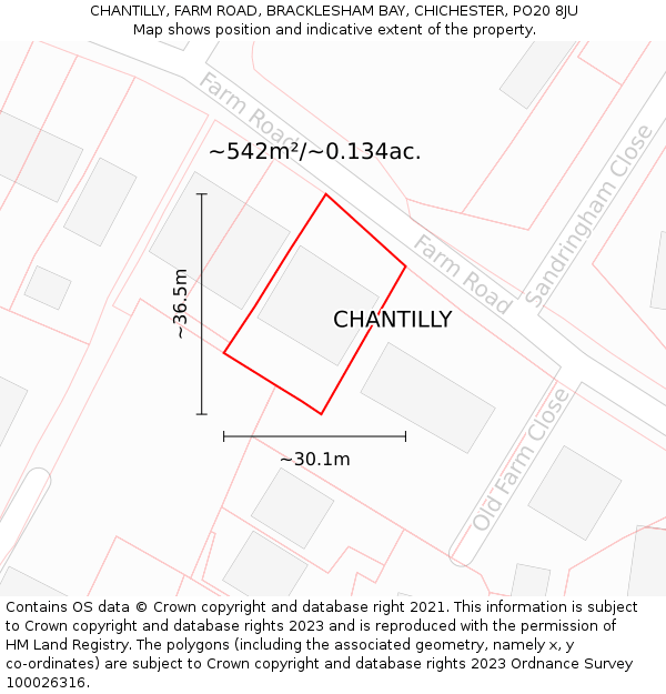 CHANTILLY, FARM ROAD, BRACKLESHAM BAY, CHICHESTER, PO20 8JU: Plot and title map