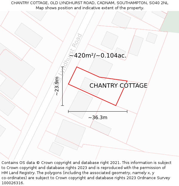 CHANTRY COTTAGE, OLD LYNDHURST ROAD, CADNAM, SOUTHAMPTON, SO40 2NL: Plot and title map