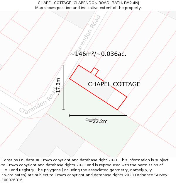 CHAPEL COTTAGE, CLARENDON ROAD, BATH, BA2 4NJ: Plot and title map