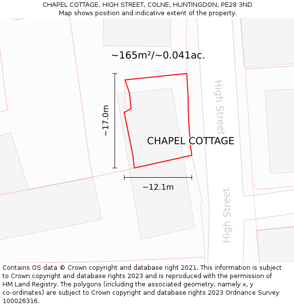 CHAPEL COTTAGE, HIGH STREET, COLNE, HUNTINGDON, PE28 3ND: Plot and title map