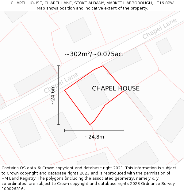 CHAPEL HOUSE, CHAPEL LANE, STOKE ALBANY, MARKET HARBOROUGH, LE16 8PW: Plot and title map