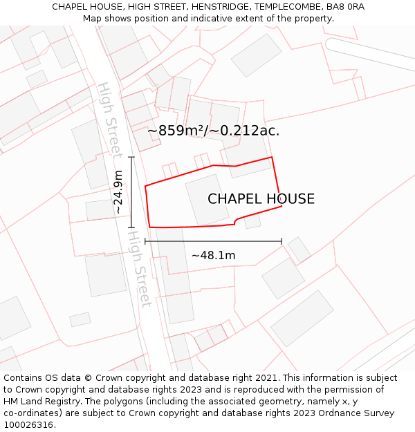 CHAPEL HOUSE, HIGH STREET, HENSTRIDGE, TEMPLECOMBE, BA8 0RA: Plot and title map