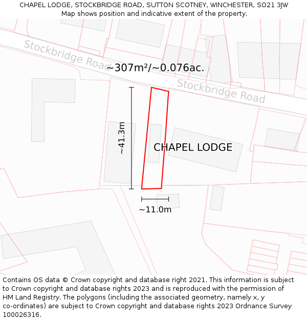 CHAPEL LODGE, STOCKBRIDGE ROAD, SUTTON SCOTNEY, WINCHESTER, SO21 3JW: Plot and title map