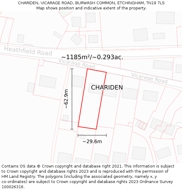 CHARIDEN, VICARAGE ROAD, BURWASH COMMON, ETCHINGHAM, TN19 7LS: Plot and title map