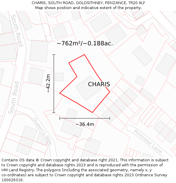 CHARIS, SOUTH ROAD, GOLDSITHNEY, PENZANCE, TR20 9LF: Plot and title map