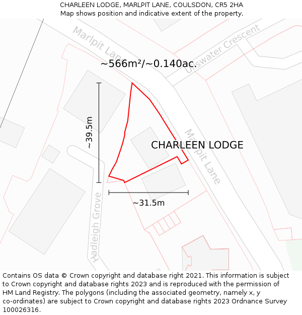 CHARLEEN LODGE, MARLPIT LANE, COULSDON, CR5 2HA: Plot and title map