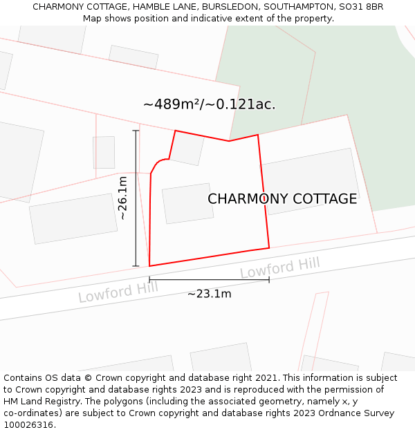 CHARMONY COTTAGE, HAMBLE LANE, BURSLEDON, SOUTHAMPTON, SO31 8BR: Plot and title map