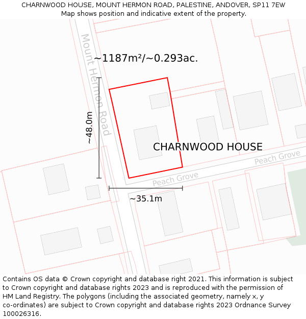 CHARNWOOD HOUSE, MOUNT HERMON ROAD, PALESTINE, ANDOVER, SP11 7EW: Plot and title map