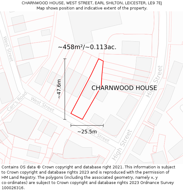 CHARNWOOD HOUSE, WEST STREET, EARL SHILTON, LEICESTER, LE9 7EJ: Plot and title map