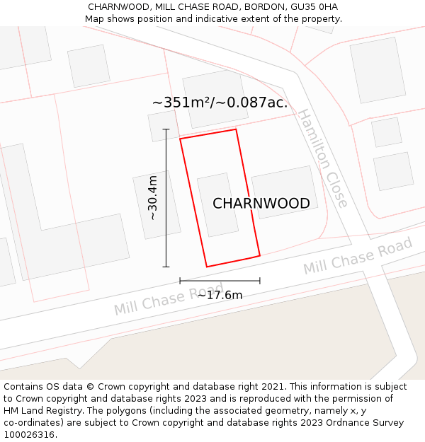 CHARNWOOD, MILL CHASE ROAD, BORDON, GU35 0HA: Plot and title map