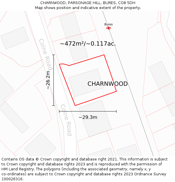 CHARNWOOD, PARSONAGE HILL, BURES, CO8 5DH: Plot and title map