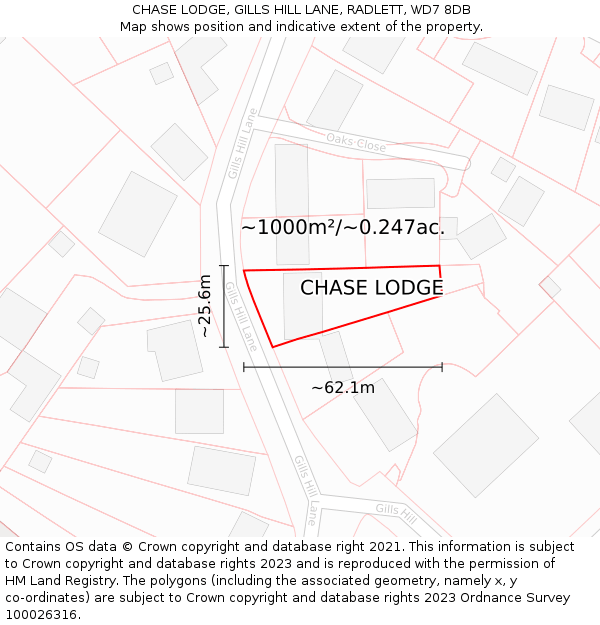 CHASE LODGE, GILLS HILL LANE, RADLETT, WD7 8DB: Plot and title map