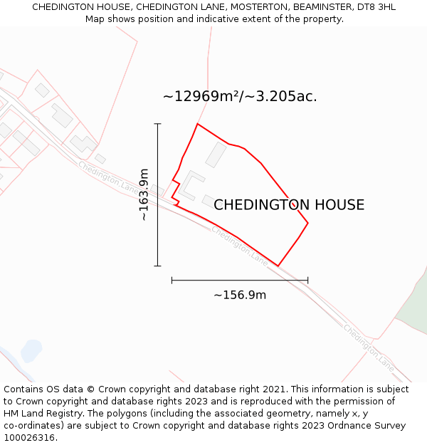 CHEDINGTON HOUSE, CHEDINGTON LANE, MOSTERTON, BEAMINSTER, DT8 3HL: Plot and title map