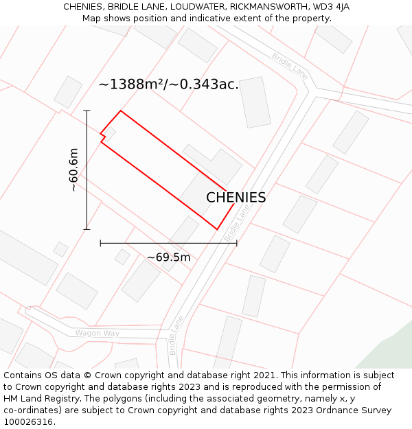 CHENIES, BRIDLE LANE, LOUDWATER, RICKMANSWORTH, WD3 4JA: Plot and title map