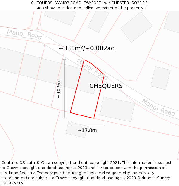 CHEQUERS, MANOR ROAD, TWYFORD, WINCHESTER, SO21 1RJ: Plot and title map