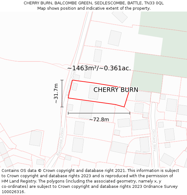 CHERRY BURN, BALCOMBE GREEN, SEDLESCOMBE, BATTLE, TN33 0QL: Plot and title map