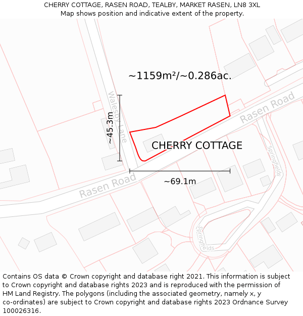 CHERRY COTTAGE, RASEN ROAD, TEALBY, MARKET RASEN, LN8 3XL: Plot and title map