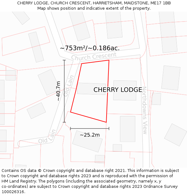 CHERRY LODGE, CHURCH CRESCENT, HARRIETSHAM, MAIDSTONE, ME17 1BB: Plot and title map