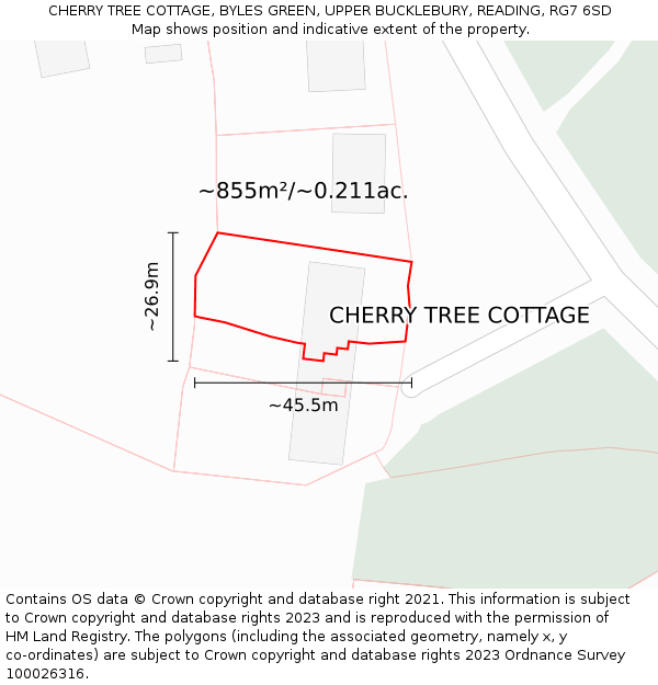 CHERRY TREE COTTAGE, BYLES GREEN, UPPER BUCKLEBURY, READING, RG7 6SD: Plot and title map