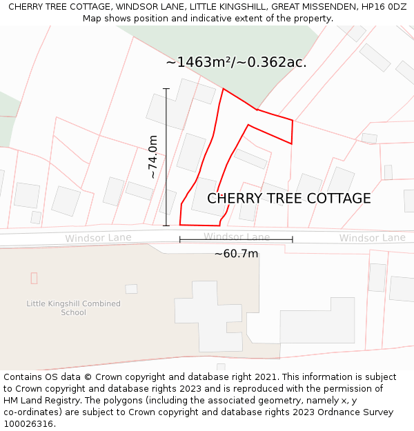 CHERRY TREE COTTAGE, WINDSOR LANE, LITTLE KINGSHILL, GREAT MISSENDEN, HP16 0DZ: Plot and title map