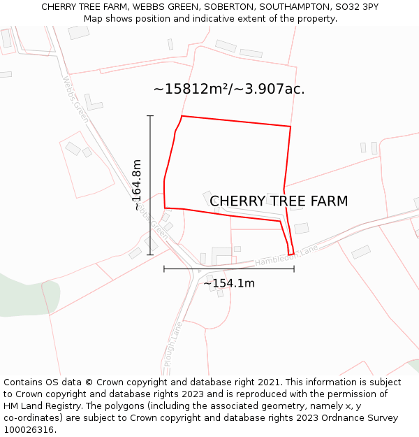 CHERRY TREE FARM, WEBBS GREEN, SOBERTON, SOUTHAMPTON, SO32 3PY: Plot and title map