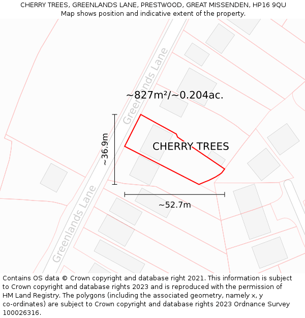 CHERRY TREES, GREENLANDS LANE, PRESTWOOD, GREAT MISSENDEN, HP16 9QU: Plot and title map