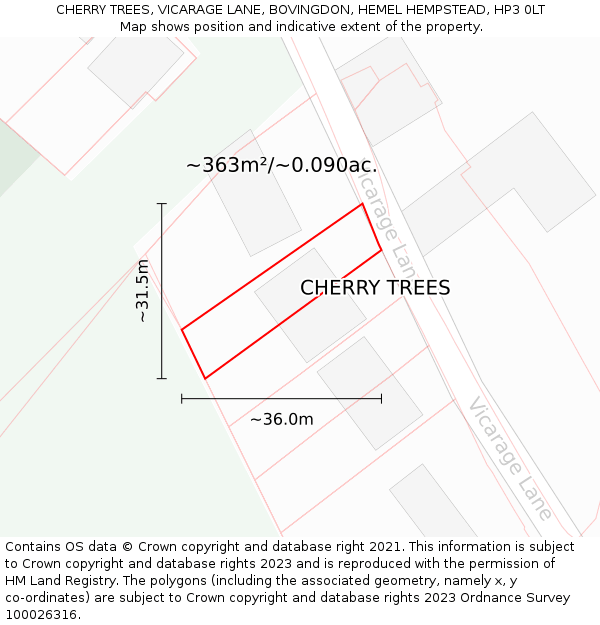 CHERRY TREES, VICARAGE LANE, BOVINGDON, HEMEL HEMPSTEAD, HP3 0LT: Plot and title map