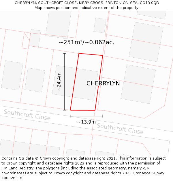 CHERRYLYN, SOUTHCROFT CLOSE, KIRBY CROSS, FRINTON-ON-SEA, CO13 0QD: Plot and title map