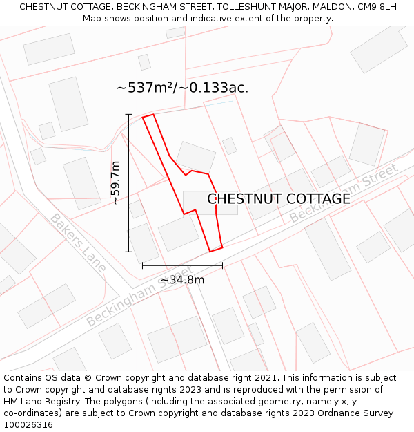 CHESTNUT COTTAGE, BECKINGHAM STREET, TOLLESHUNT MAJOR, MALDON, CM9 8LH: Plot and title map