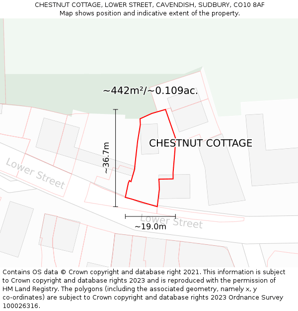 CHESTNUT COTTAGE, LOWER STREET, CAVENDISH, SUDBURY, CO10 8AF: Plot and title map