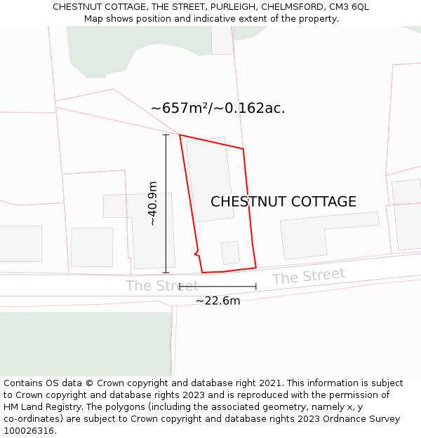 CHESTNUT COTTAGE, THE STREET, PURLEIGH, CHELMSFORD, CM3 6QL: Plot and title map