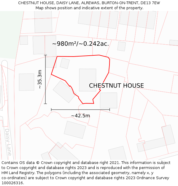 CHESTNUT HOUSE, DAISY LANE, ALREWAS, BURTON-ON-TRENT, DE13 7EW: Plot and title map