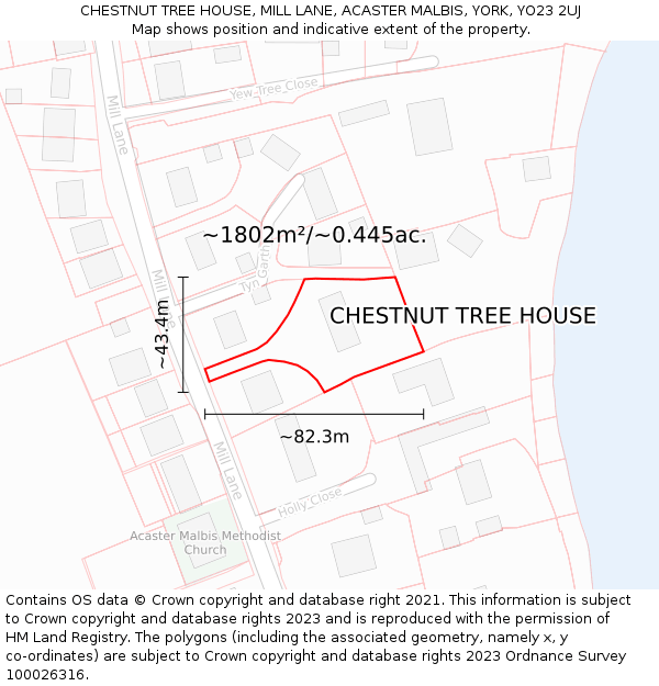 CHESTNUT TREE HOUSE, MILL LANE, ACASTER MALBIS, YORK, YO23 2UJ: Plot and title map