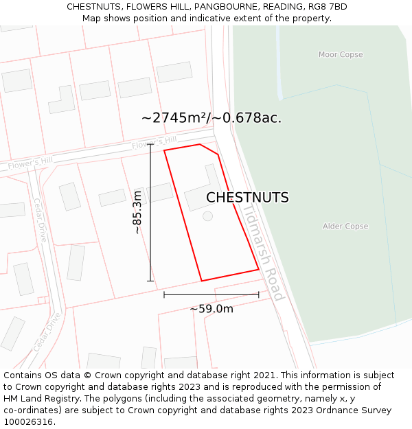 CHESTNUTS, FLOWERS HILL, PANGBOURNE, READING, RG8 7BD: Plot and title map