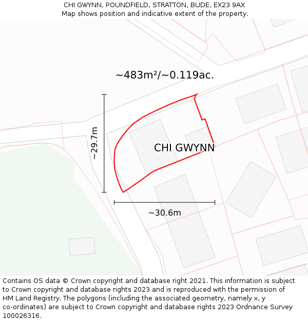 CHI GWYNN, POUNDFIELD, STRATTON, BUDE, EX23 9AX: Plot and title map