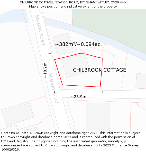 CHILBROOK COTTAGE, STATION ROAD, EYNSHAM, WITNEY, OX29 4HX: Plot and title map