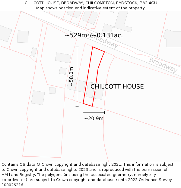 CHILCOTT HOUSE, BROADWAY, CHILCOMPTON, RADSTOCK, BA3 4GU: Plot and title map