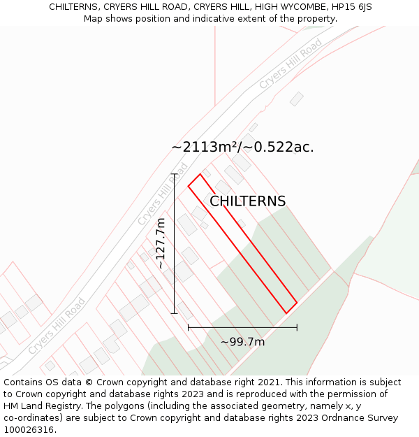 CHILTERNS, CRYERS HILL ROAD, CRYERS HILL, HIGH WYCOMBE, HP15 6JS: Plot and title map