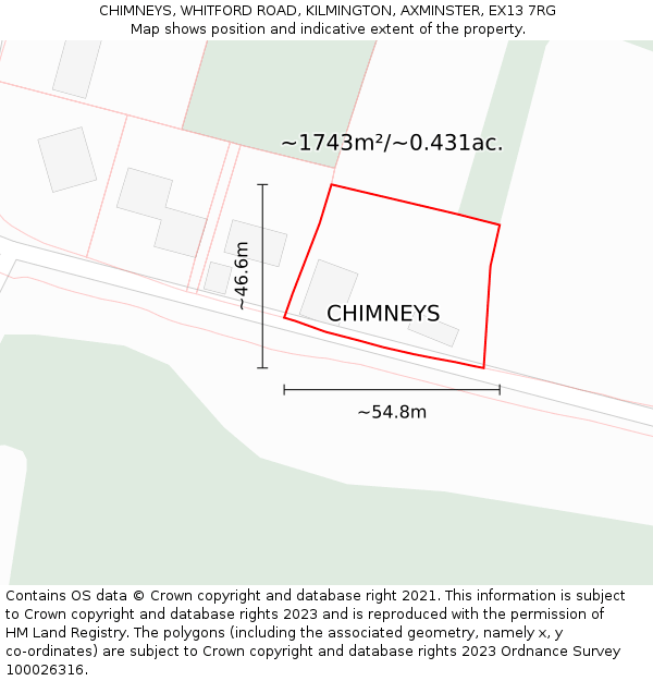 CHIMNEYS, WHITFORD ROAD, KILMINGTON, AXMINSTER, EX13 7RG: Plot and title map