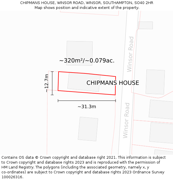 CHIPMANS HOUSE, WINSOR ROAD, WINSOR, SOUTHAMPTON, SO40 2HR: Plot and title map