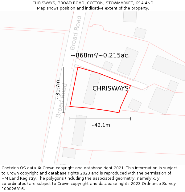 CHRISWAYS, BROAD ROAD, COTTON, STOWMARKET, IP14 4ND: Plot and title map