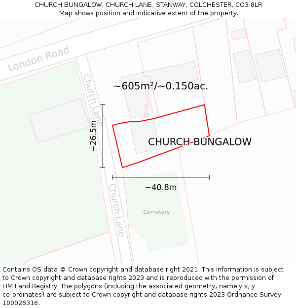 CHURCH BUNGALOW, CHURCH LANE, STANWAY, COLCHESTER, CO3 8LR: Plot and title map