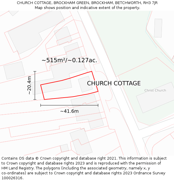 CHURCH COTTAGE, BROCKHAM GREEN, BROCKHAM, BETCHWORTH, RH3 7JR: Plot and title map