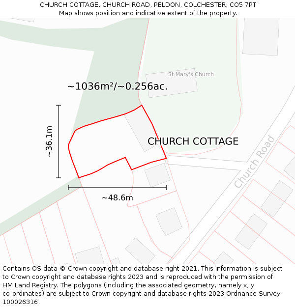 CHURCH COTTAGE, CHURCH ROAD, PELDON, COLCHESTER, CO5 7PT: Plot and title map