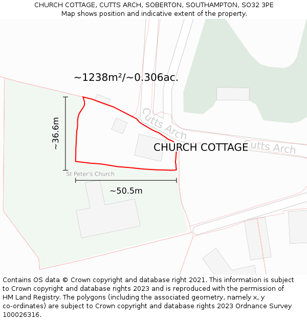 CHURCH COTTAGE, CUTTS ARCH, SOBERTON, SOUTHAMPTON, SO32 3PE: Plot and title map