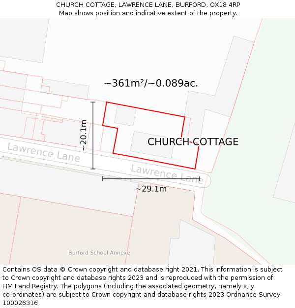 CHURCH COTTAGE, LAWRENCE LANE, BURFORD, OX18 4RP: Plot and title map