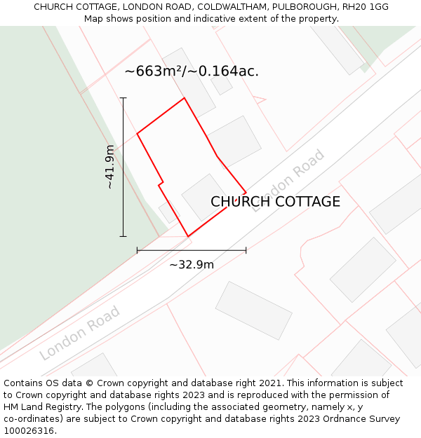 CHURCH COTTAGE, LONDON ROAD, COLDWALTHAM, PULBOROUGH, RH20 1GG: Plot and title map