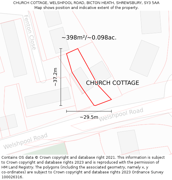 CHURCH COTTAGE, WELSHPOOL ROAD, BICTON HEATH, SHREWSBURY, SY3 5AA: Plot and title map