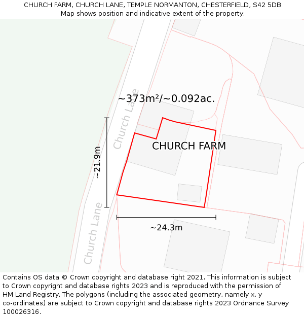 CHURCH FARM, CHURCH LANE, TEMPLE NORMANTON, CHESTERFIELD, S42 5DB: Plot and title map
