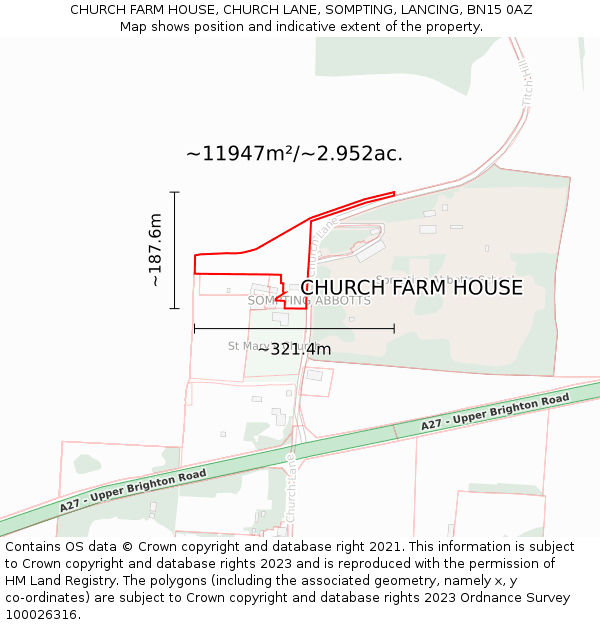 CHURCH FARM HOUSE, CHURCH LANE, SOMPTING, LANCING, BN15 0AZ: Plot and title map